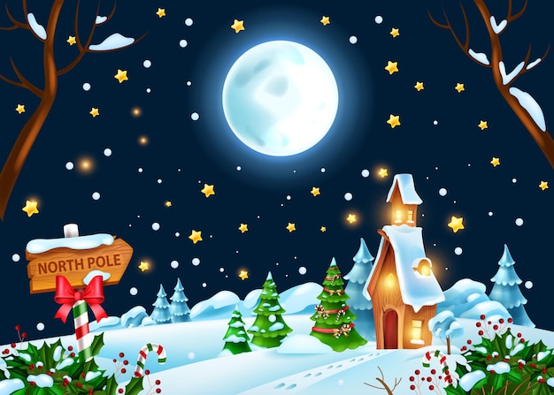 Christmas winter night landscape vector holiday xmas background Santa Claus house full moon