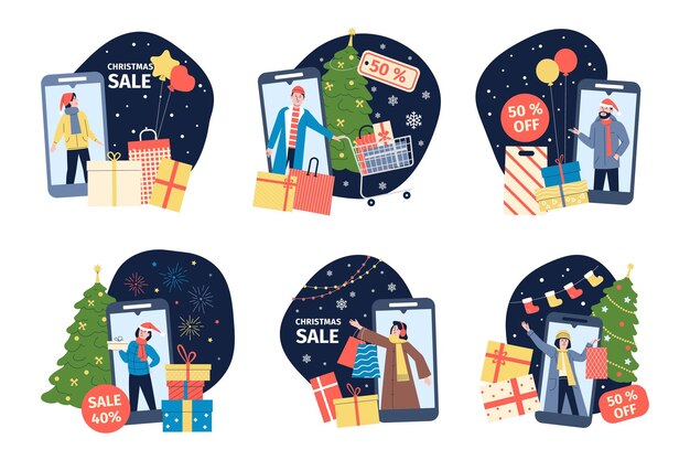 Vector christmas winter sale online satisfied people buy holiday xmas gifts with phone big special offers and discount seasonal holiday recent vector shopping scenes