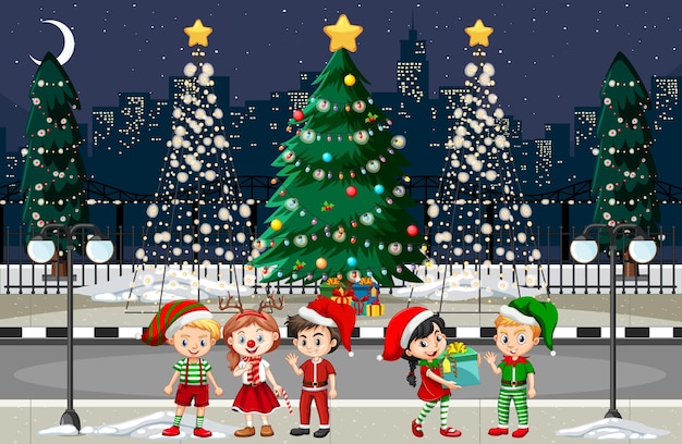 幸せな子供たちとクリスマスの冬のシーン