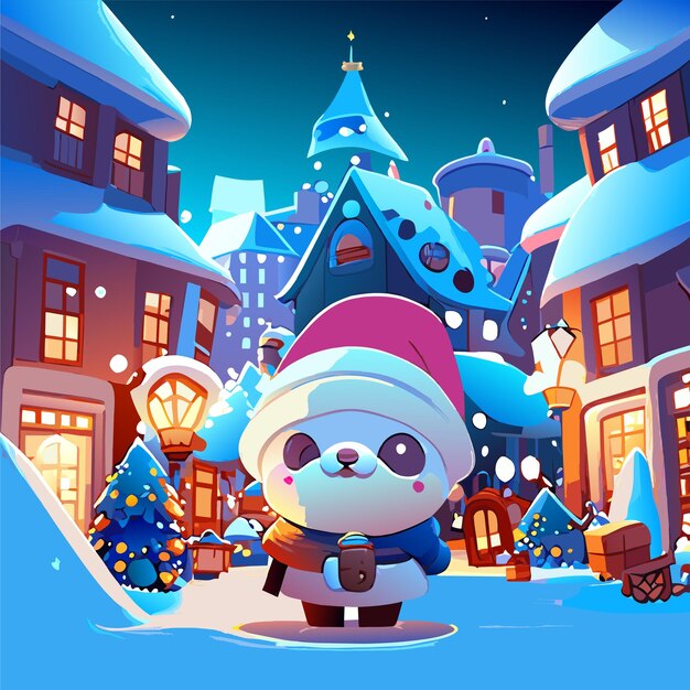 Christmas winter scene with santa claus hand drawn flat stylish cartoon sticker
