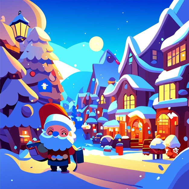 Christmas winter scene with santa claus hand drawn flat stylish cartoon sticker