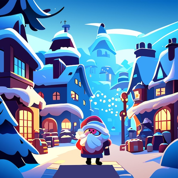 산타클로스가 손으로 그린 평평한 세련된 만화 스티커와 함께 크리스마스 겨울 장면