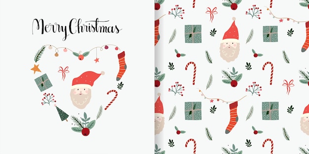 Vector christmas winter set with seamless pattern and greeting card, cute seasonal elements,background,