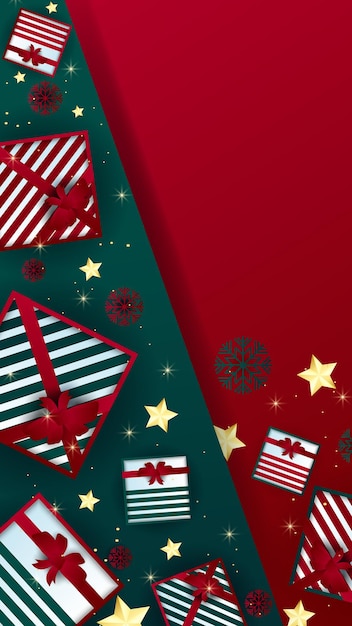 Vettore sfondo di storie invernali di natale con scatola regalo, stella, neve e albero di natale. modelli d'arte quadrati alla moda per le vacanze invernali. design per post sui social media, app mobili, design di banner e annunci web/internet