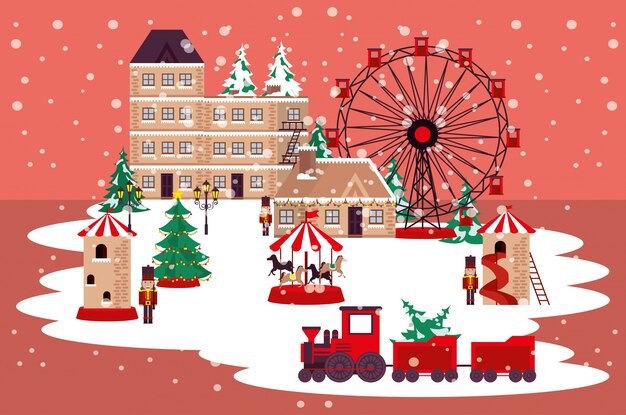 Рождественская зимняя уличная сцена с панорамным колесом