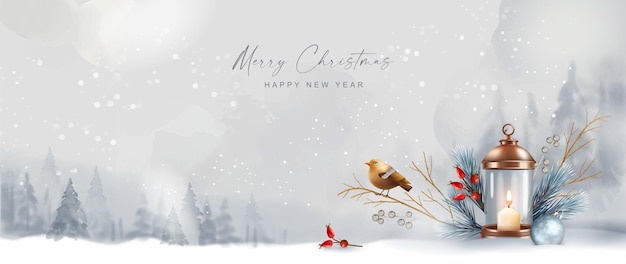 Vector christmas winter watercolor landscape with lantern and a bird merry christmas and new year banner