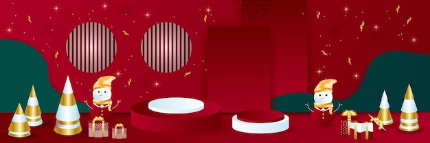 ステージ表彰台とクリスマス冬ワイドバナーの背景。クリスマスバナー、ギフトボックスとゴールデンスター付きのクリスマススパークリングライト。横長のクリスマスポスター、グリーティングカード、ヘッダー、ウェブサイト。