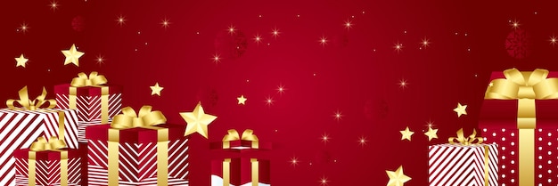 Fondo largo dell'insegna di inverno di natale con il podio della fase. banner di natale, luci scintillanti di natale con scatola regalo e stella dorata. poster di natale orizzontali, biglietti di auguri, intestazioni, sito web.