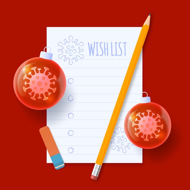 Christmas wish list covid coronavirus wish list with paper tree bauble ball and pencil