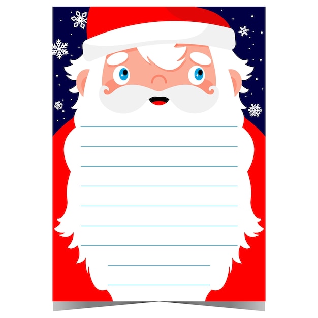 Vector christmas wish list or letter to santa blank template with cartoon santa claus with big white beard