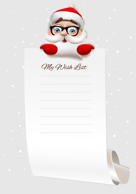 Vector christmas wish list, santa claus character holding big arch of paper. template for christmas wishes, illustration.