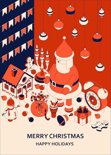 아이소 메트릭 귀여운 장난감 크리스마스입니다. 재미있는 산타와 진저 하우스. 크리스마스 인사말