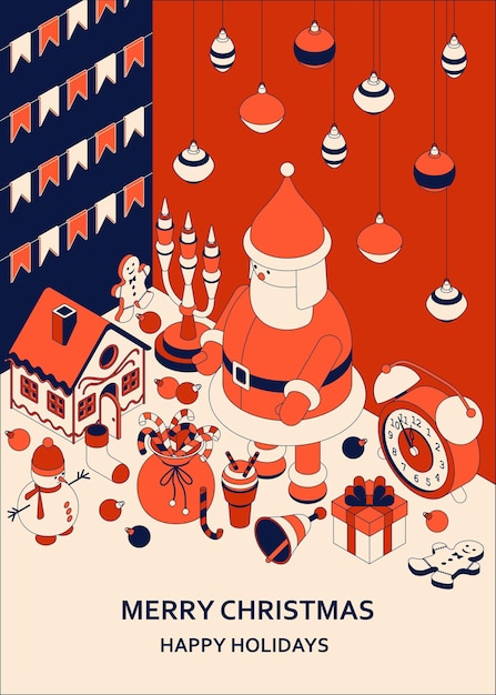 Christmas with isometric cute toys. funny santa and gingerbread house. xmas greeting