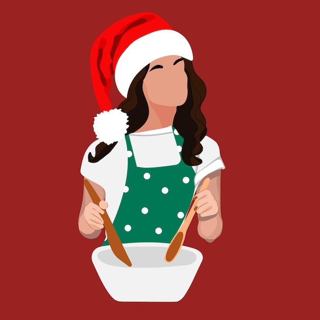 Christmas woman baking cookie. Woman in santa hats preparing breakfast for your family for Christmas