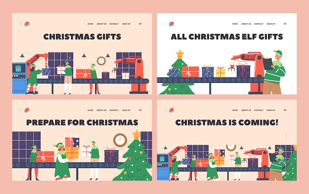 Christmas Workshop Landing Page Template Set Santa Factory Workflow Elf Team Making Gift On Machinery Line