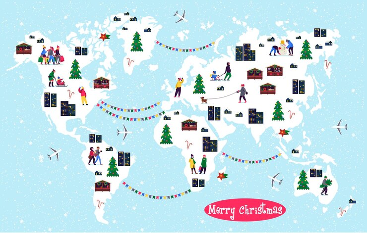 Vector christmas world map with festive teenagers with shopping bags  adults with kids