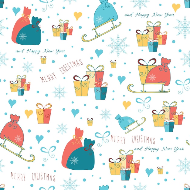 Christmas wrapping paper background with box of gifts and santa sledge