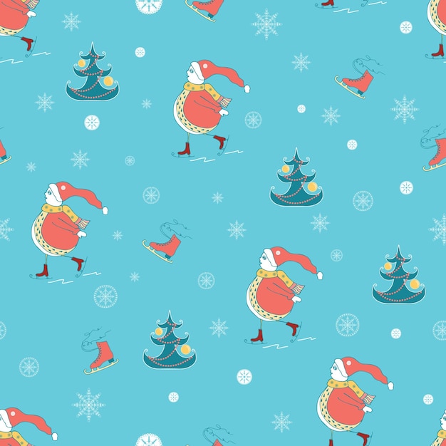 Christmas wrapping paper background with Snowman Christmas tree and Skate on retro blue background Vector illustration