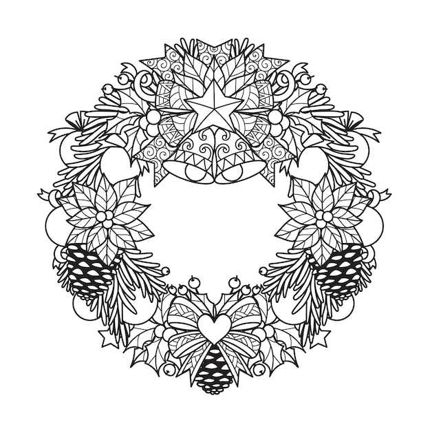 Christmas wreath for adult coloring book, printing on product, laser cutting, paper cutting and so on. Vector illustration.