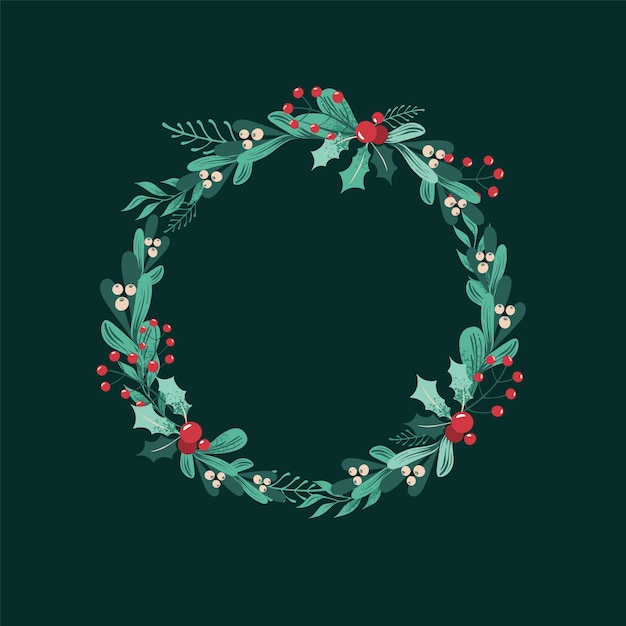 Vector christmas wreath of branches, leaves, berries, holly, white mistletoe, poinsettia.