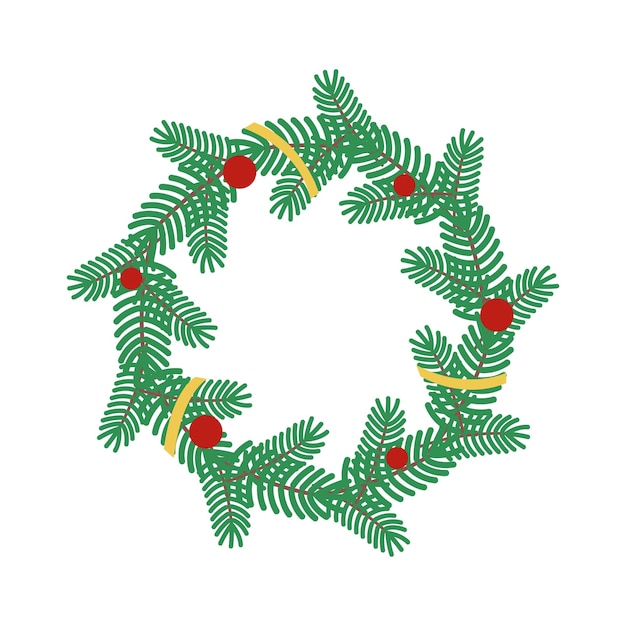 Christmas wreath of Christmas tree branches decorated with balls and ribbon