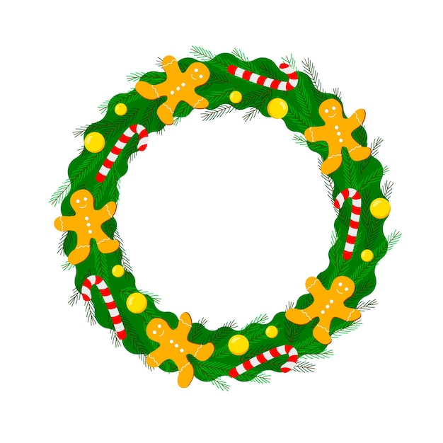 Vector christmas wreath decorated with balls, candy and gingerman. vector illustration