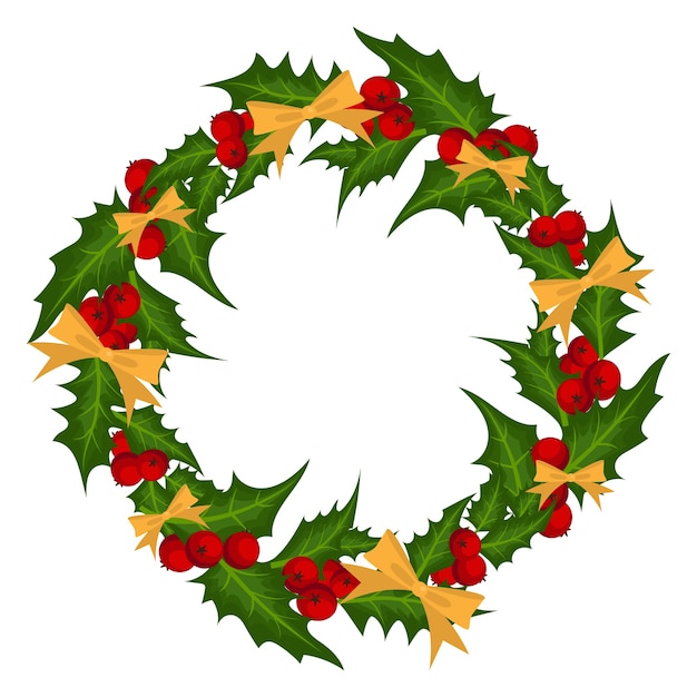 Christmas wreath decorated with holly branch and ribbon. 