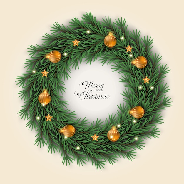 Vector christmas  wreath decoration  green pine leaf with gold style ball