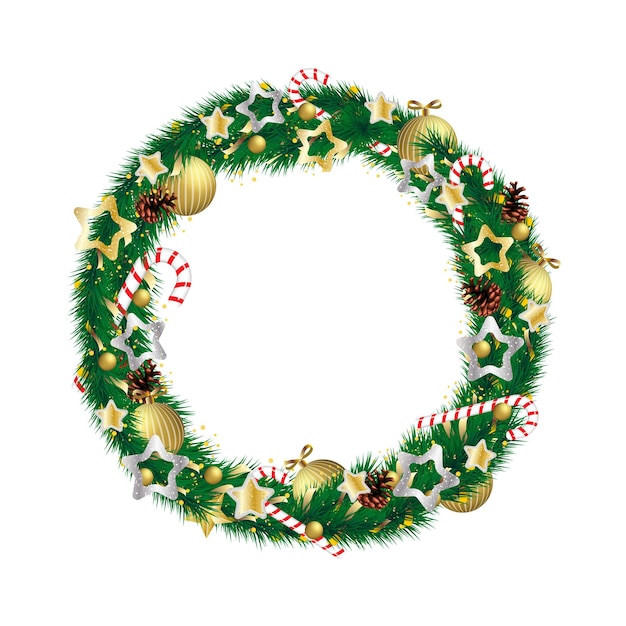 Christmas wreath decoration with ball, pine cone, candy cane. Winter holiday evergreen spruce branch chaplet round ornate Xmas and New Year symbol  