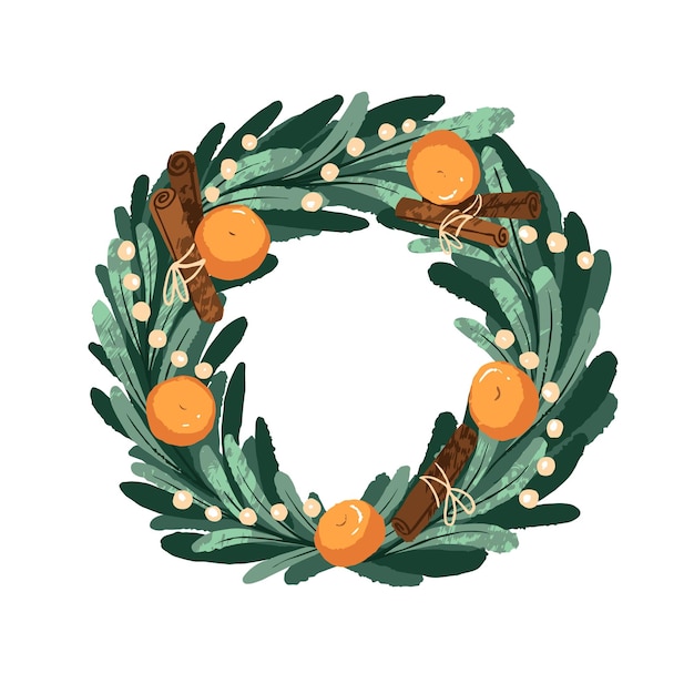 Christmas wreath design with festive beads mandarins cinnamon Circle holiday decoration ornament Xmas round decor with tangerine fruits Flat vector illustration isolated on white background