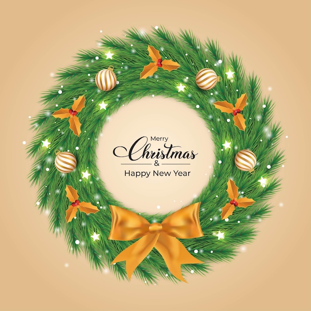 Рождественский венок с белыми и золотыми декоративными световыми шарами Дизайн зеленого венка