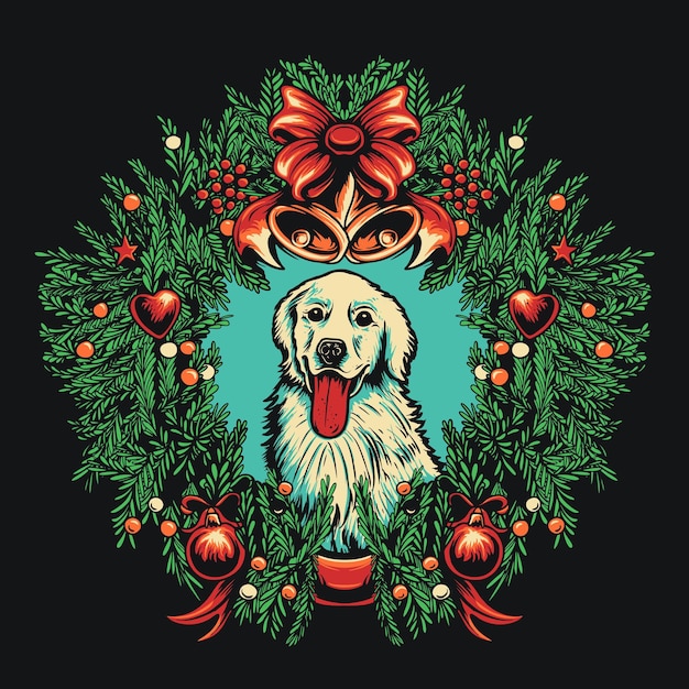 Christmas wreath and dog vector illustration