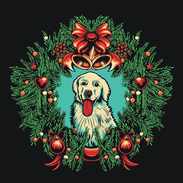 Illustrazione di vettore del cane e della corona di natale