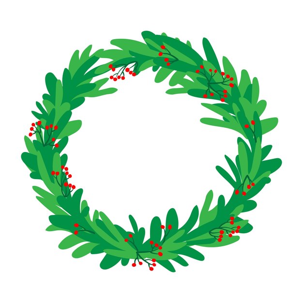 Vector christmas wreath of evergreen branches on a white background green fir branches and red berries vector round frame of green leaves red berries winter christmas holidays 2024