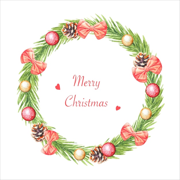 Christmas wreath of fir branches with fir cones bows balls watercolor