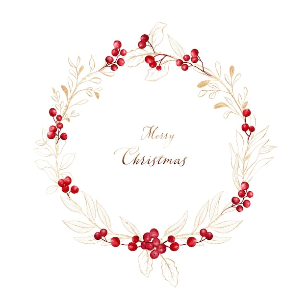 Vector christmas wreath frame with watercolor red berries and gold leaves handpainted watercolor element