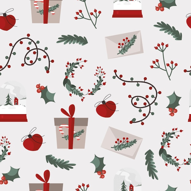 Vector christmas wreath and garland in flat style seamless pattern