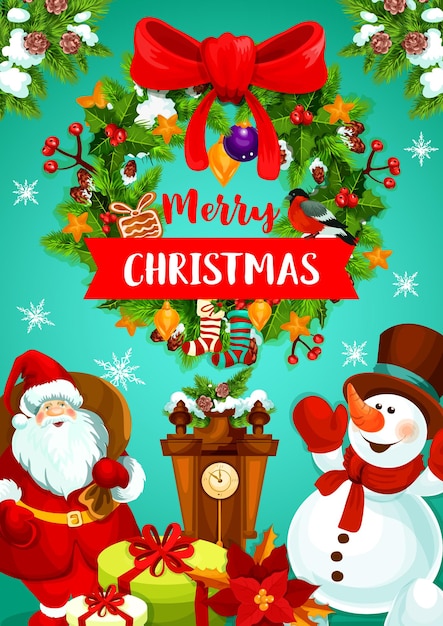 Christmas wreath gift and Santa greeting banner