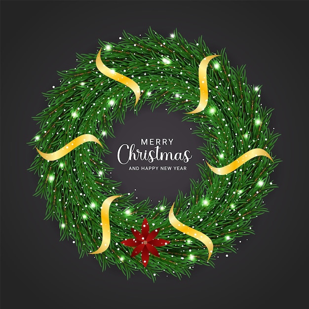 Vector christmas wreath green leaf with golden ribbon and  snows lights