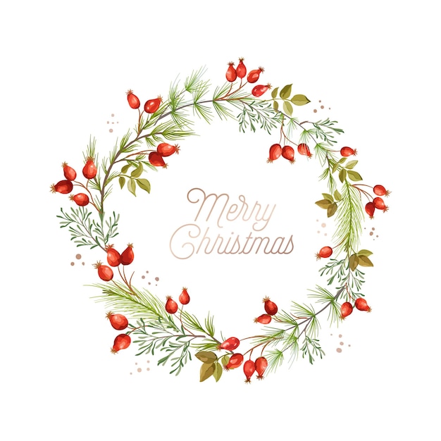 크리스마스 화환, 녹색 소나무 가지, 붉은 장미 엉덩이 열매. 겨울 크리스마스 휴가 디자인 인사말 카드 템플릿입니다. 배너, 전단지, 표지에 대 한 벡터 일러스트 레이 션 디자인. 벡터 꽃 그림
