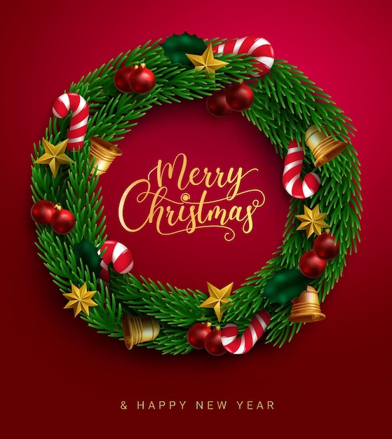 Christmas wreath greeting vector design merry christmas text fir leaves branches element