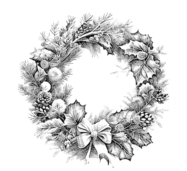 Christmas wreath hand drawn in engraved style sketch Vector illustration.