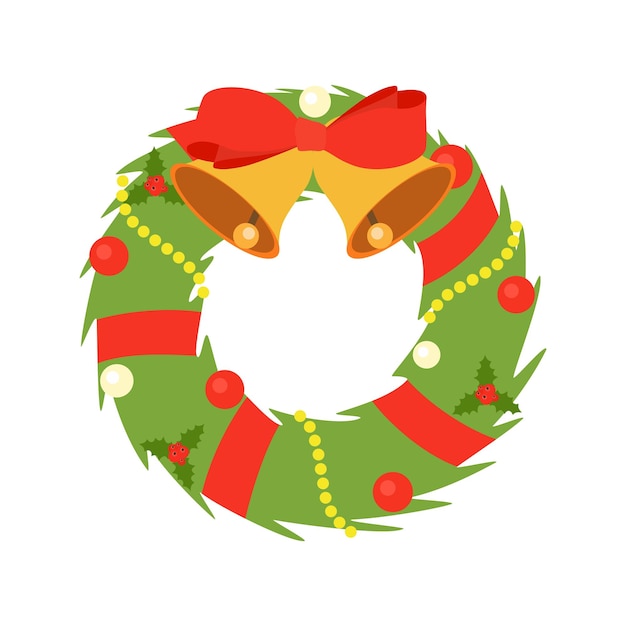 Christmas wreath icon with red bow isolated on white background for holiday decoration design Vector illustration in flat style