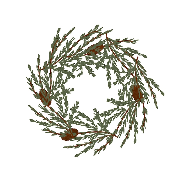 Christmas wreath isolated on white background Minimal design template Branches of needles and cones Vector cartoon editable illustration