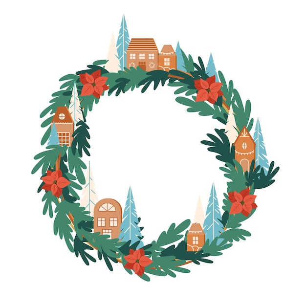 Christmas wreath made of little toy wooden houses and fir branch new year craft decoration vector