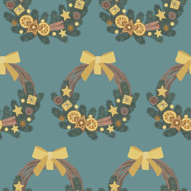 Christmas wreath made of natural eco decorations seamless pattern