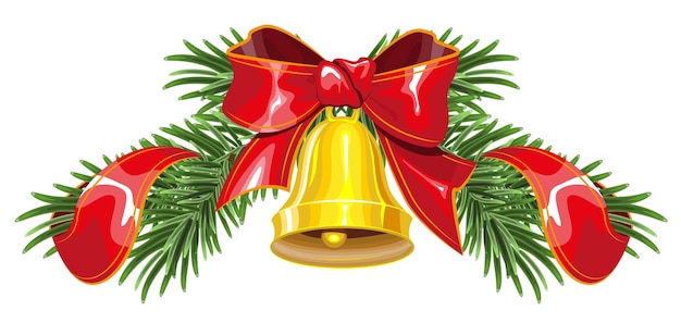 Вектор Рождественский венок из еловых веток с колоколом и красной лентой. изолированная иллюстрация