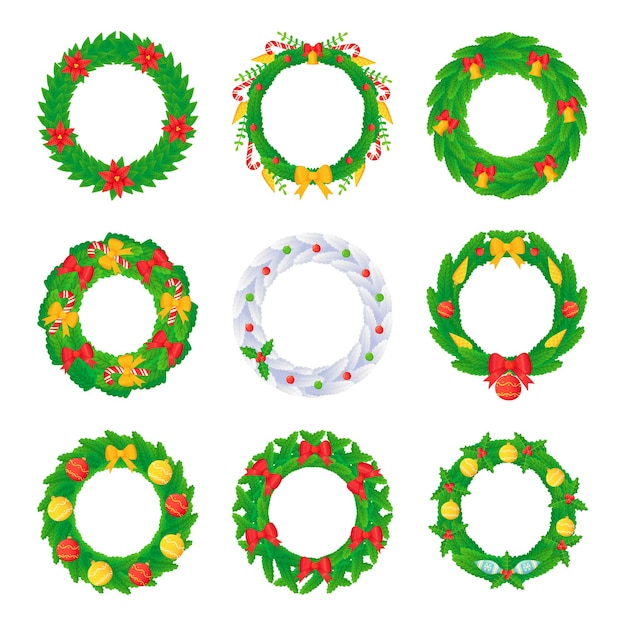 Christmas wreath set with balls bows bells candy and flowers in cartoon style