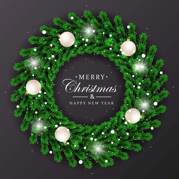 Vector christmas wreath template deep green leaf with christmas ornament and white ball