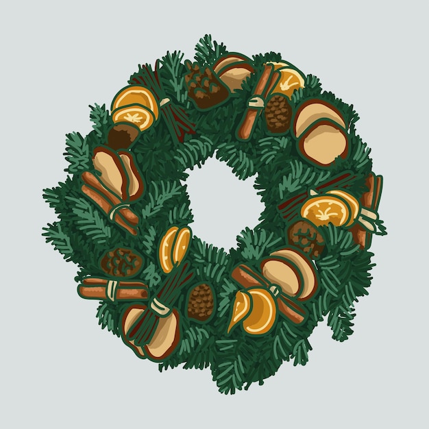 Christmas wreath. Tree. Decorations Tape. Oranges. Cinnamon. Cones